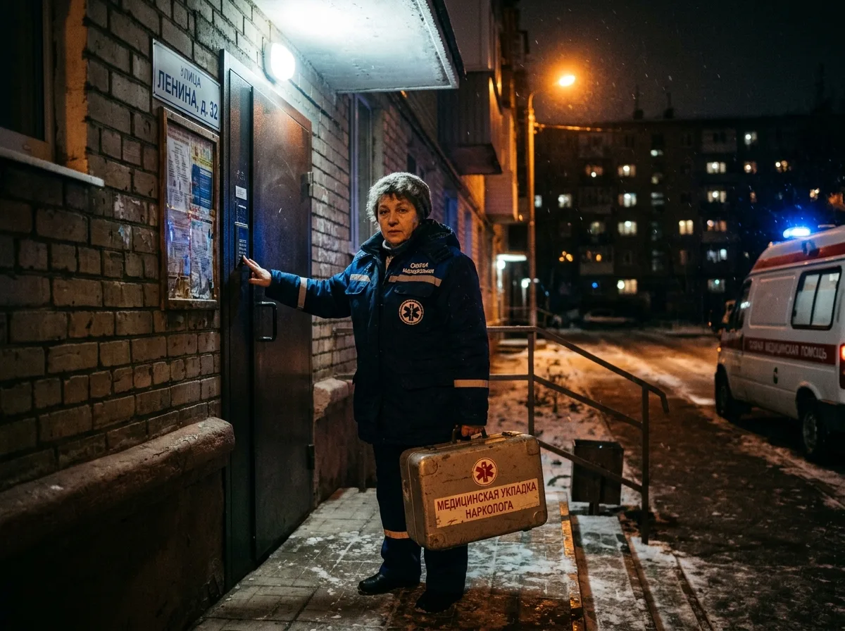 Врач-нарколог с медицинским чемоданом у входа в жилой дом Волгограда, ночь, экстренный вызов